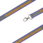 A gray lanyard with blue edges featuring the text Retirement Services in orange. It has a metal swivel hook attached for holding items.