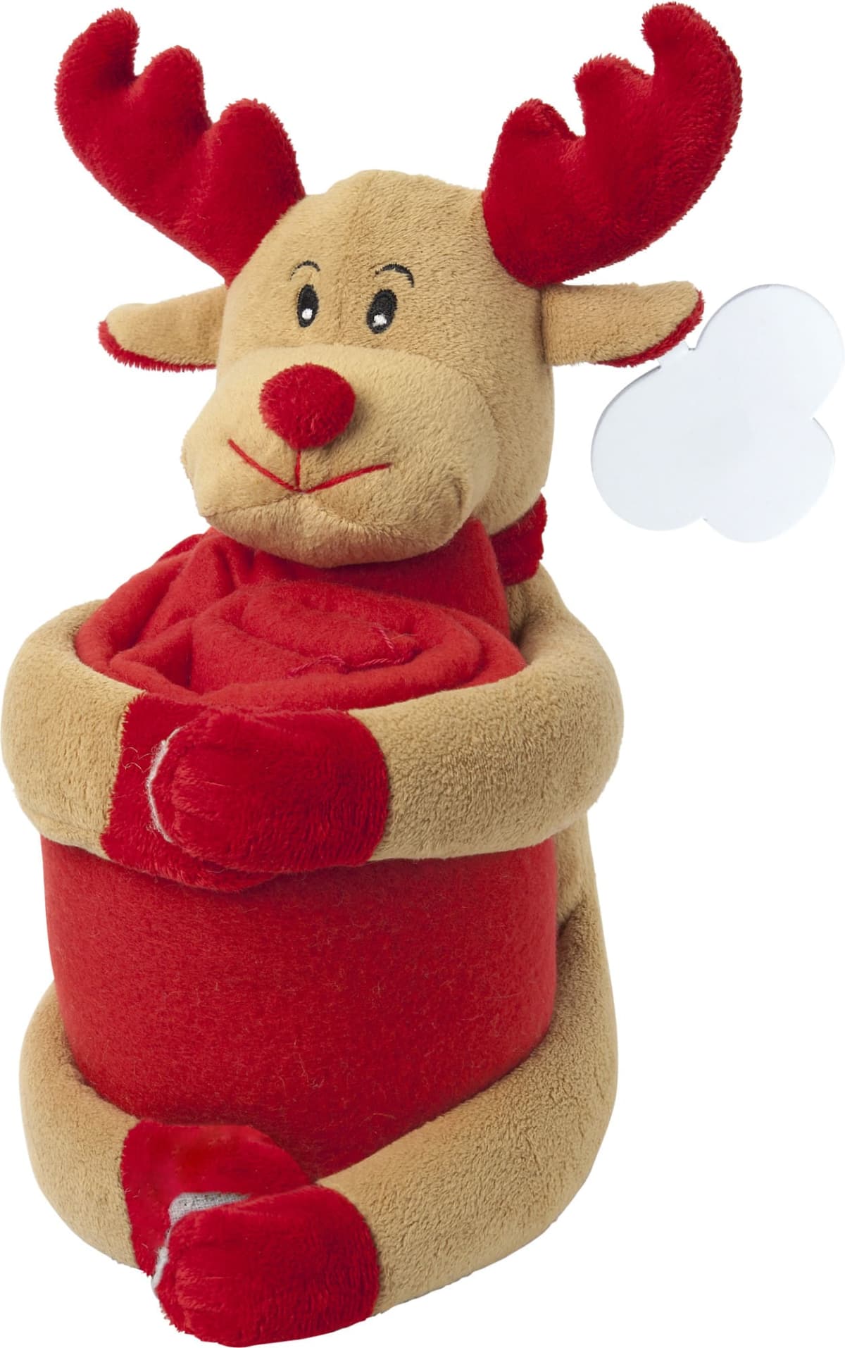 Plush reindeer holding a rolled-up red blanket, with a blank gift tag attached.