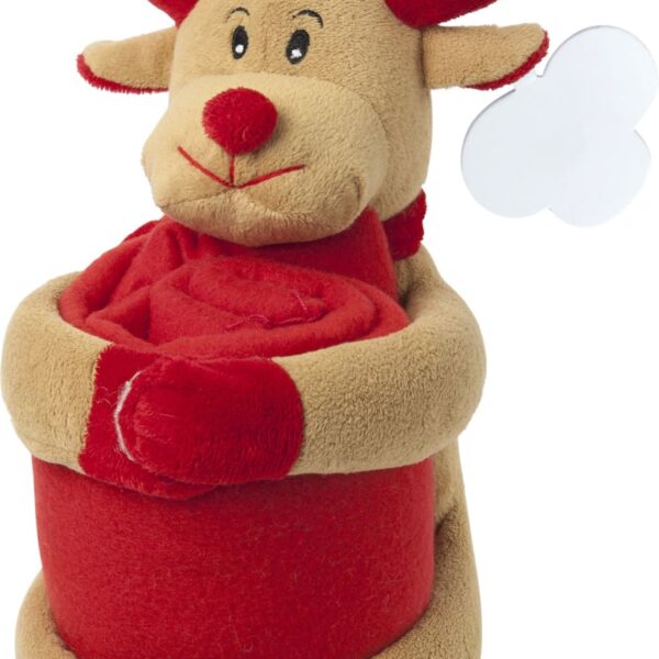 Plush reindeer toy holding a rolled red blanket, with red antlers, mittens, and nose.