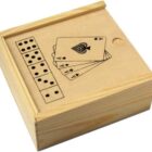 Wooden box with card suits and domino dots design on the lid.