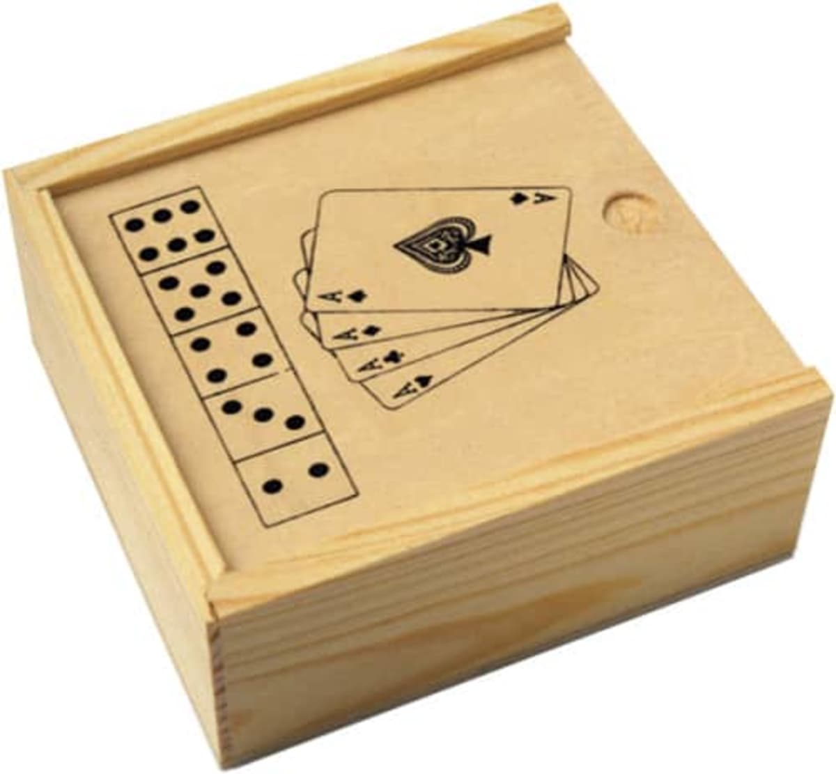 Wooden box with card suits and domino dots design on the lid.