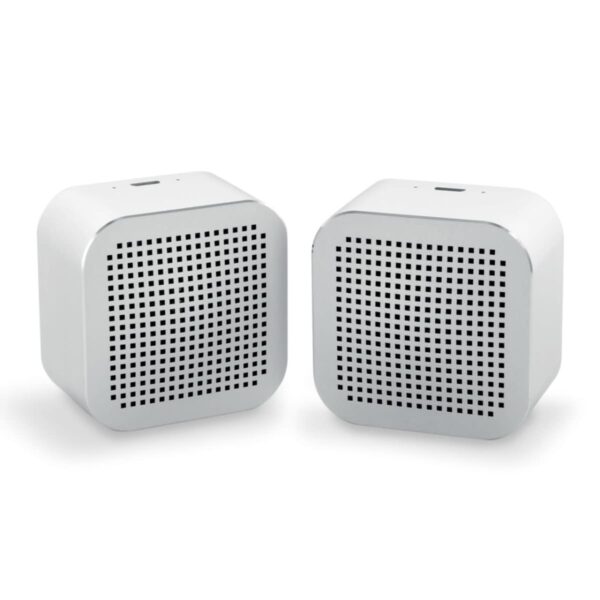 Two white rectangular wireless speakers with mesh fronts.