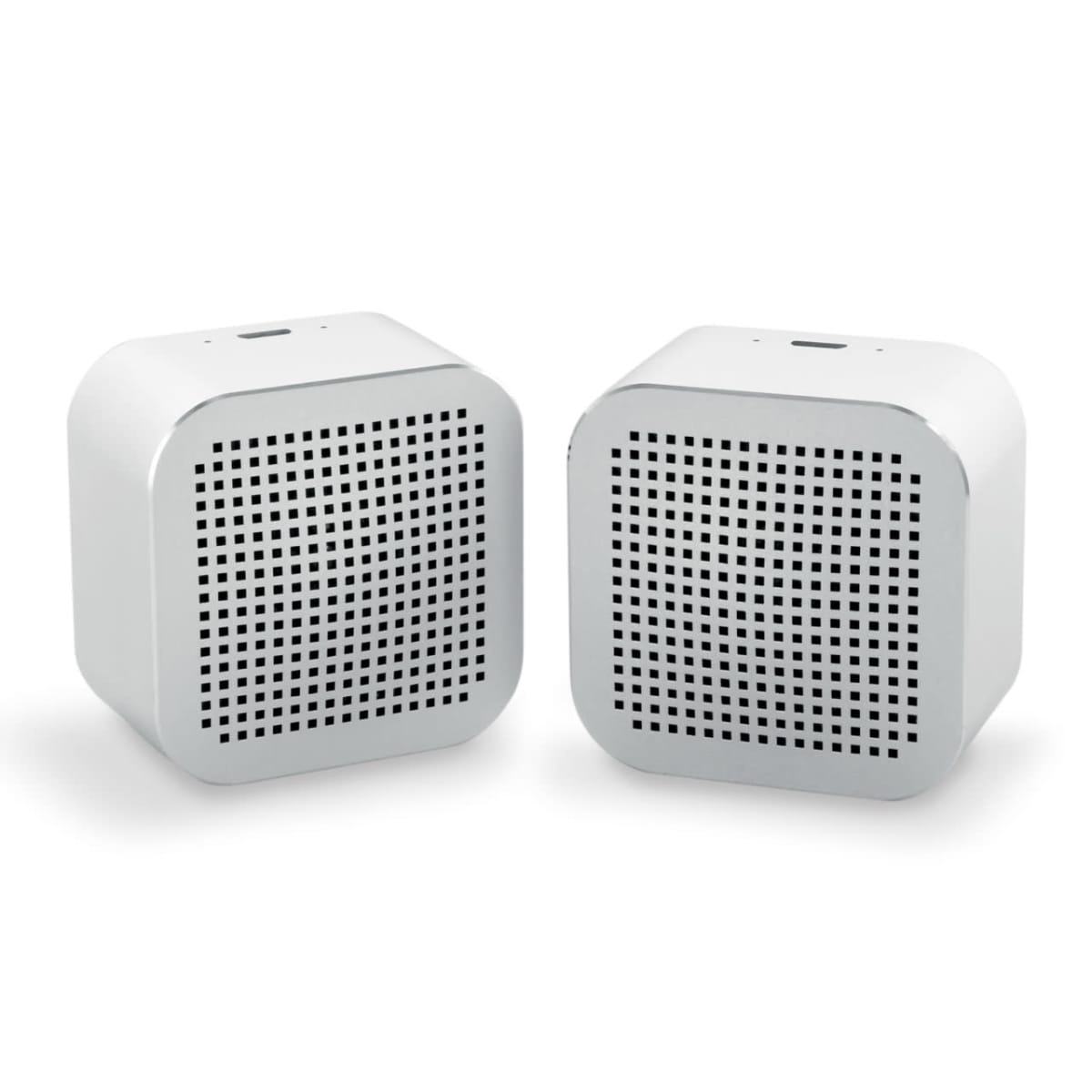 Two white square Bluetooth speakers with grid patterns on the front.