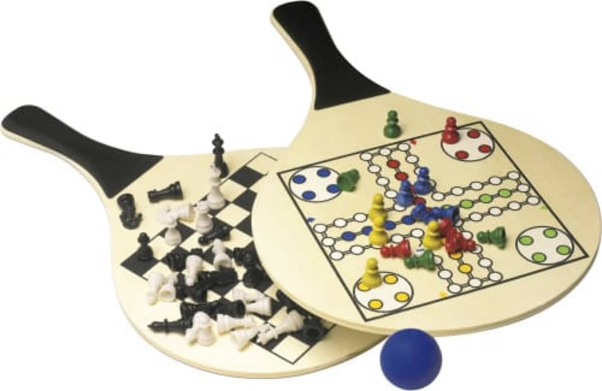 Two wooden game boards, one with a chess pattern and pieces, and the other with a Ludo board and colored pegs. A blue rubber ball is also present. Both boards are shaped like paddles and have black handles.