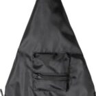 A black teardrop-shaped bag with a zippered pocket on the front and a strap at the top for carrying.