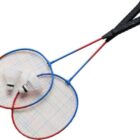 Two badminton rackets with black handles and two white shuttlecocks on a white background.