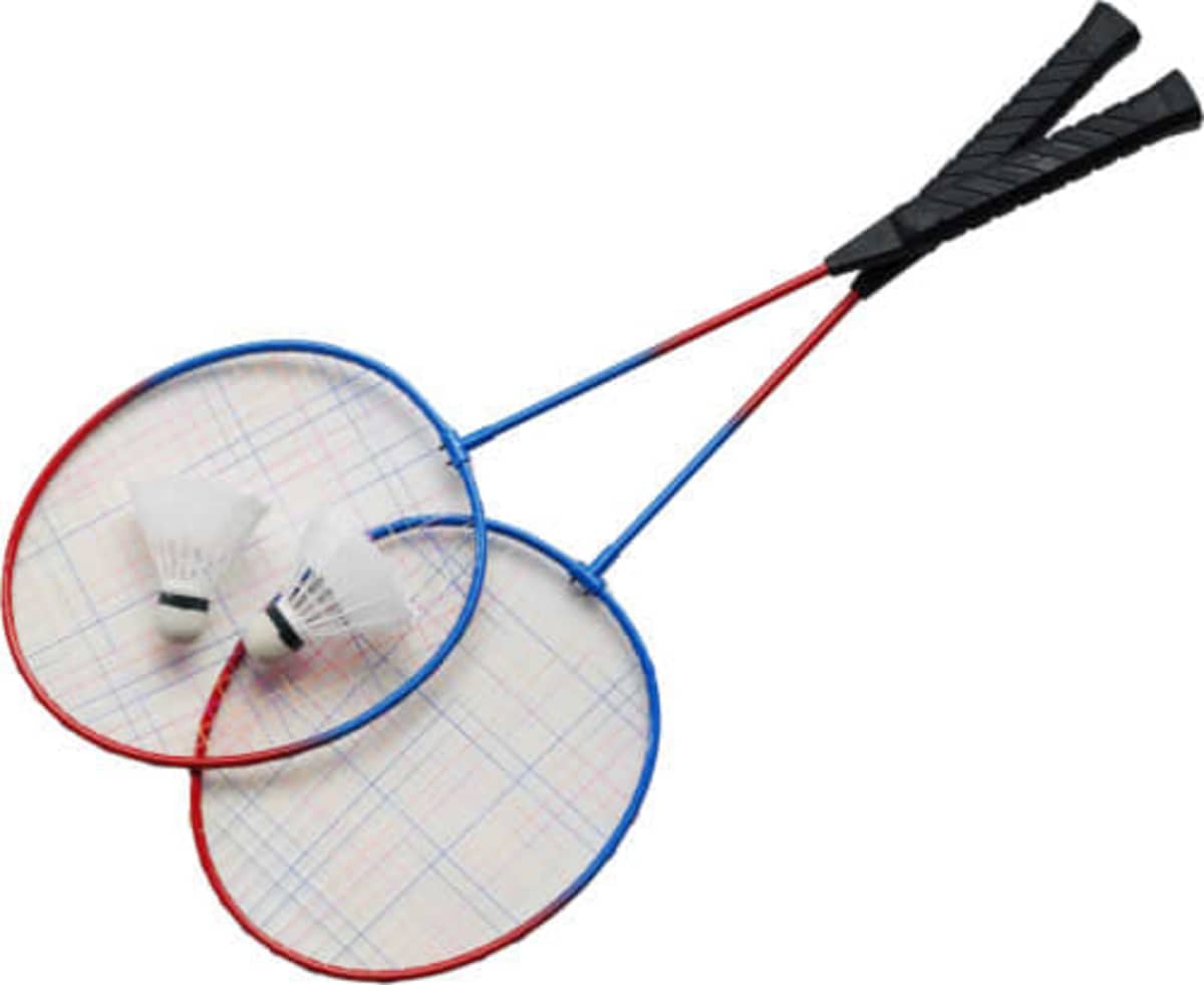 Two badminton rackets with black handles and two white shuttlecocks on a white background.