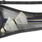Two badminton rackets and shuttlecocks in a black mesh carrying case.