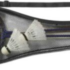 Two badminton rackets and shuttlecocks in a black mesh carrying case with a shoulder strap.