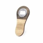 Wooden bottle opener with a metal opening component.