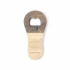 Wooden bottle opener labeled Made in Europe.