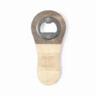 Wooden bottle opener with metal top and curved handle.