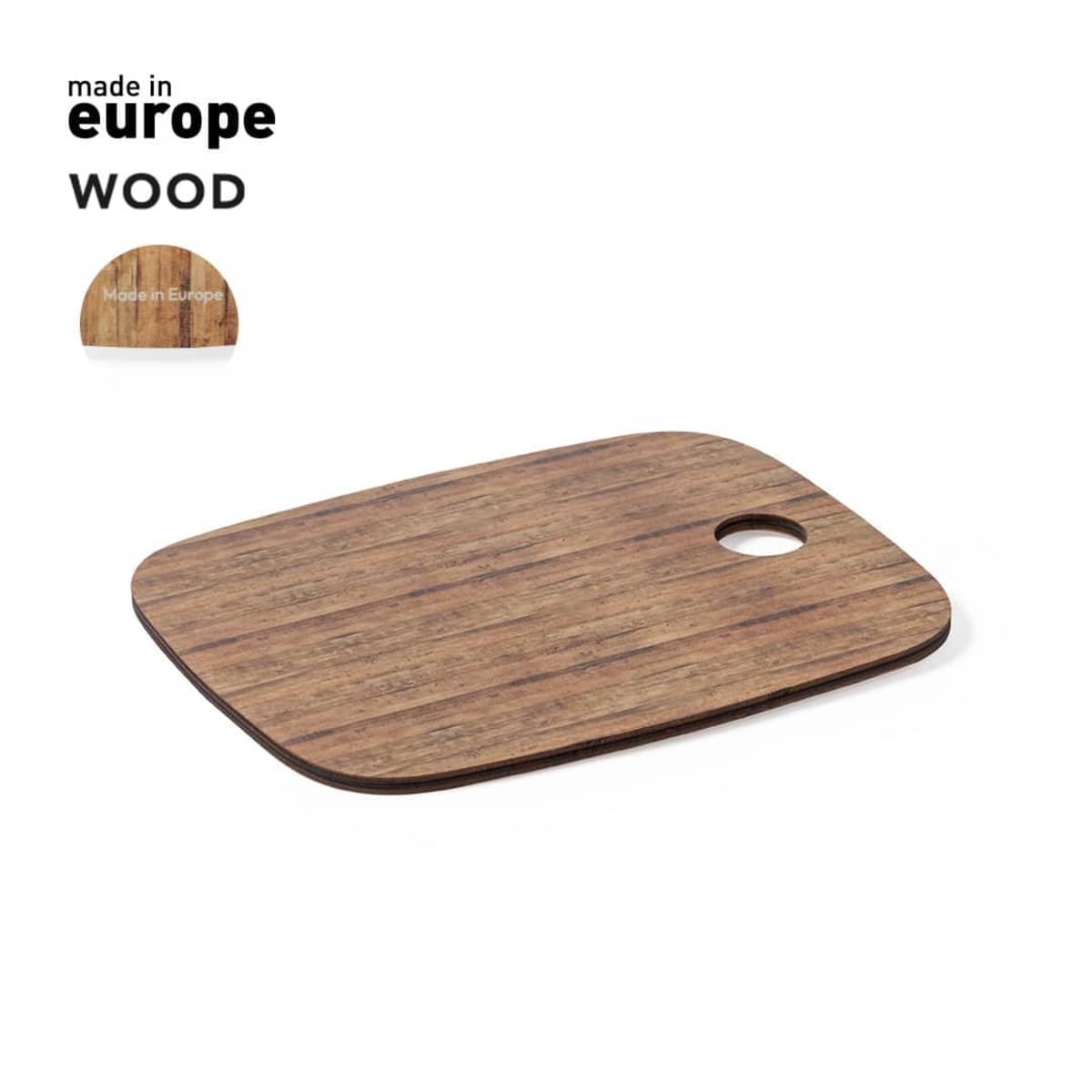 Rectangular wooden cutting board with rounded edges and a hole in one corner. Text in the top left corner reads made in Europe WOOD. Another image of the same board is shown in the upper left, labeled Modern Europe.