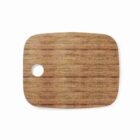 Rectangular wooden cutting board with rounded edges and a small circular hole near one corner. The board has a natural wood grain pattern and a smooth finish.