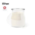 A jar of white yogurt with a small handle, set against a white background. The words made in Europe and Vanilla with a vanilla flower icon are displayed in the top left corner.