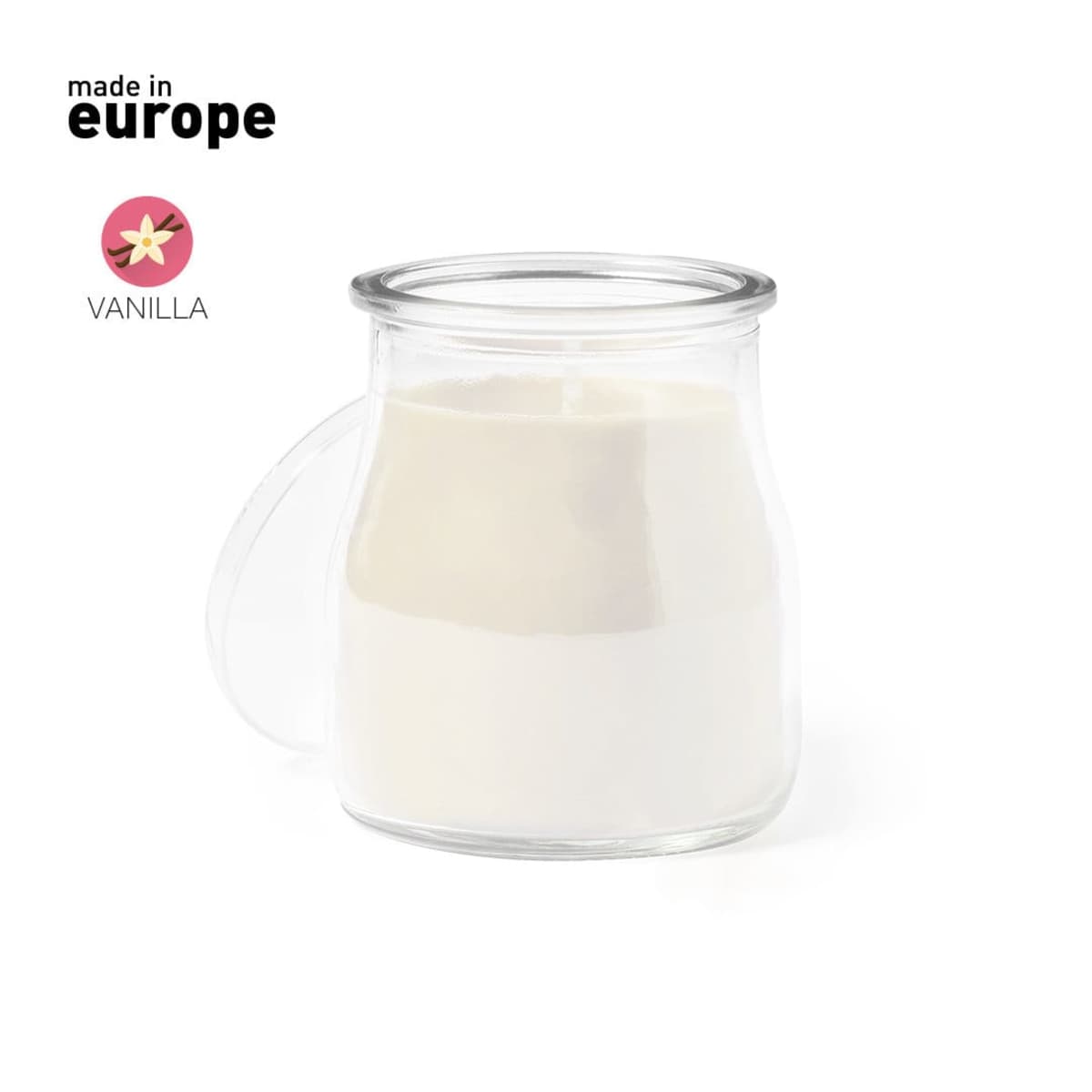 A jar of white yogurt with a small handle, set against a white background. The words made in Europe and Vanilla with a vanilla flower icon are displayed in the top left corner.