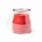 A glass candle jar with layered red and pink wax. The jar has a curved shape, and the candle wick is visible at the top. The background is plain white.