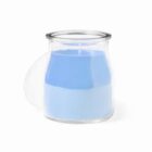 A small, transparent glass jar filled with blue wax, resembling a candle, on a plain white background. The jar has a curved silhouette, and its lid is positioned to the side.