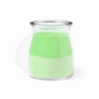 A small glass jar filled with light green yogurt, featuring a transparent lid, is placed against a white background.