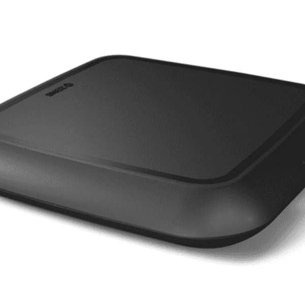 Compact black electronic device with smooth edges and a subtle logo on top.