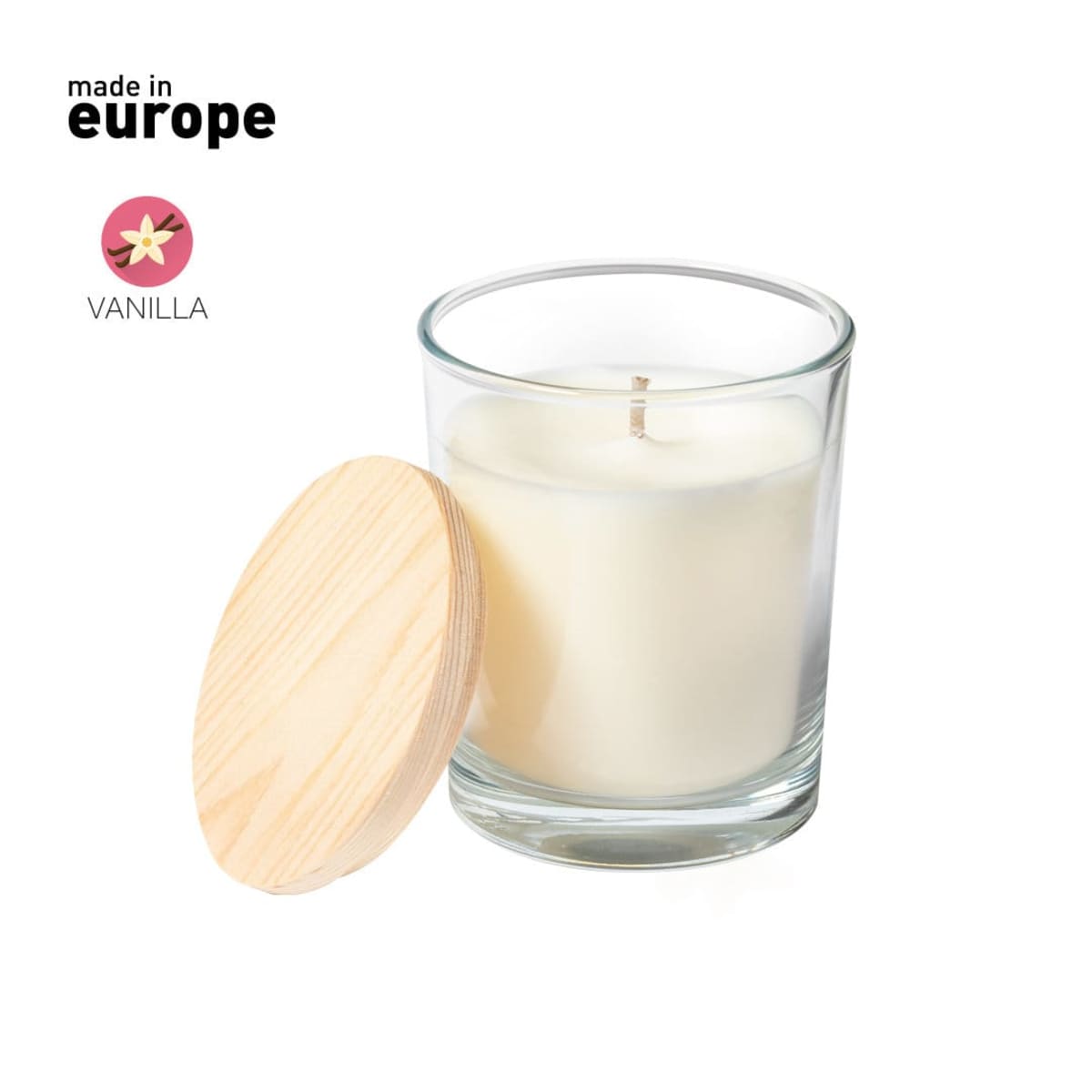 A vanilla-scented candle in a glass jar with a wooden lid beside it. The words made in Europe and Vanilla are displayed, along with a small vanilla flower illustration. The candle wax is cream-colored.