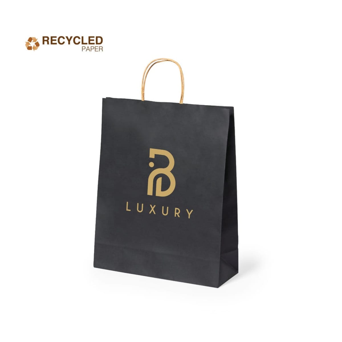 Black paper bag with gold handle, featuring a stylized B logo and the word LUXURY in gold. RECYCLED PAPER is written in the top left corner with a recycling symbol.