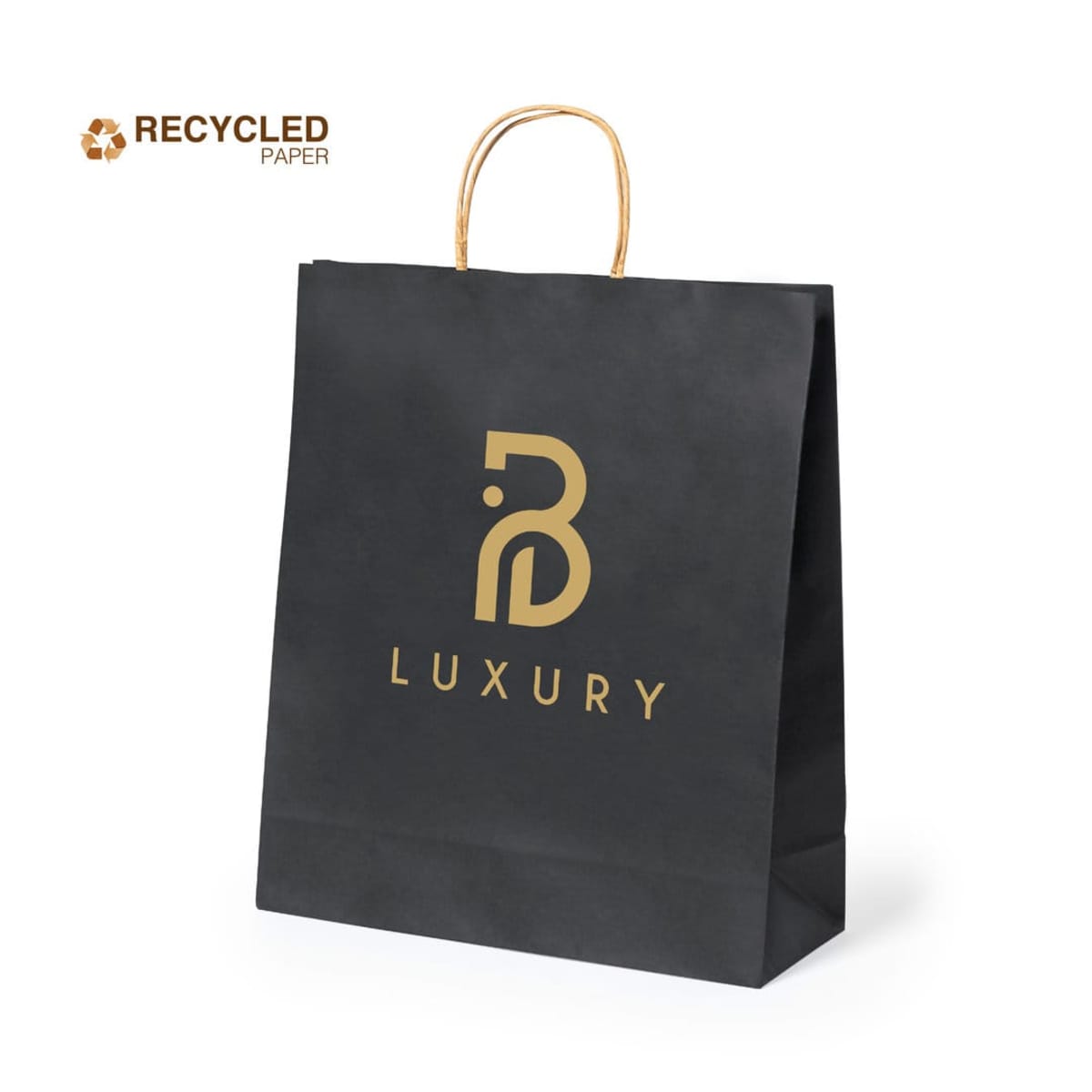Black paper shopping bag with a gold logo featuring a stylized B and the word LUXURY below it. The handle is made of twisted paper. A small RECYCLED PAPER symbol appears in the top left corner.