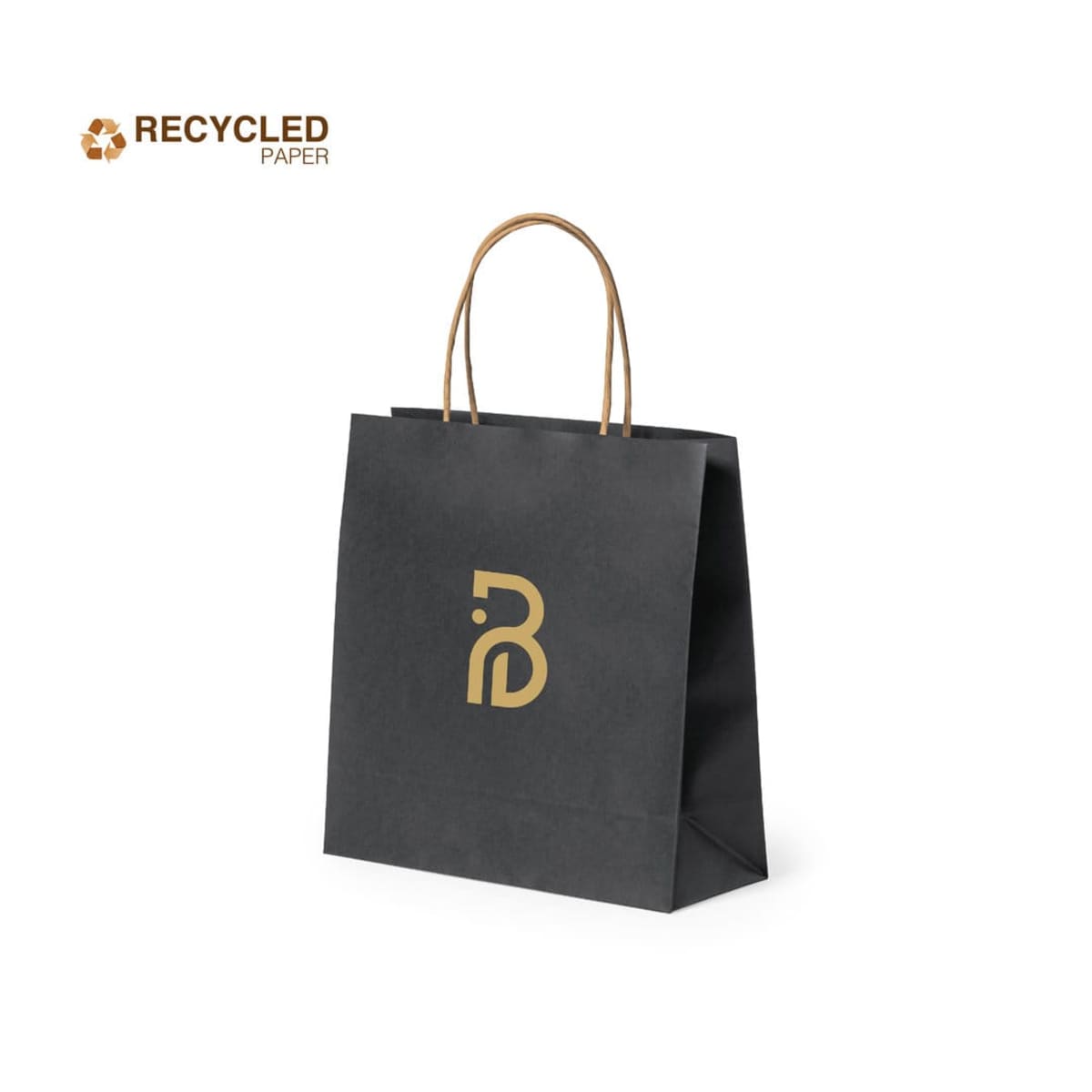 A black paper shopping bag with a brown handle and a gold geometric logo on the front. The text Recycled Paper with a recycling symbol is in the top left corner. The background is white.