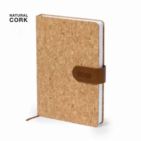 A cork-covered notebook with a brown leather strap embossed with 2025. A thin brown ribbon serves as a bookmark. The text Natural Cork is displayed in the top left corner.