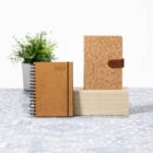 Two 2024 planners with brown covers are displayed on a light surface. One is spiral-bound and the other has a leather strap. A small green plant in a pot is in the background.