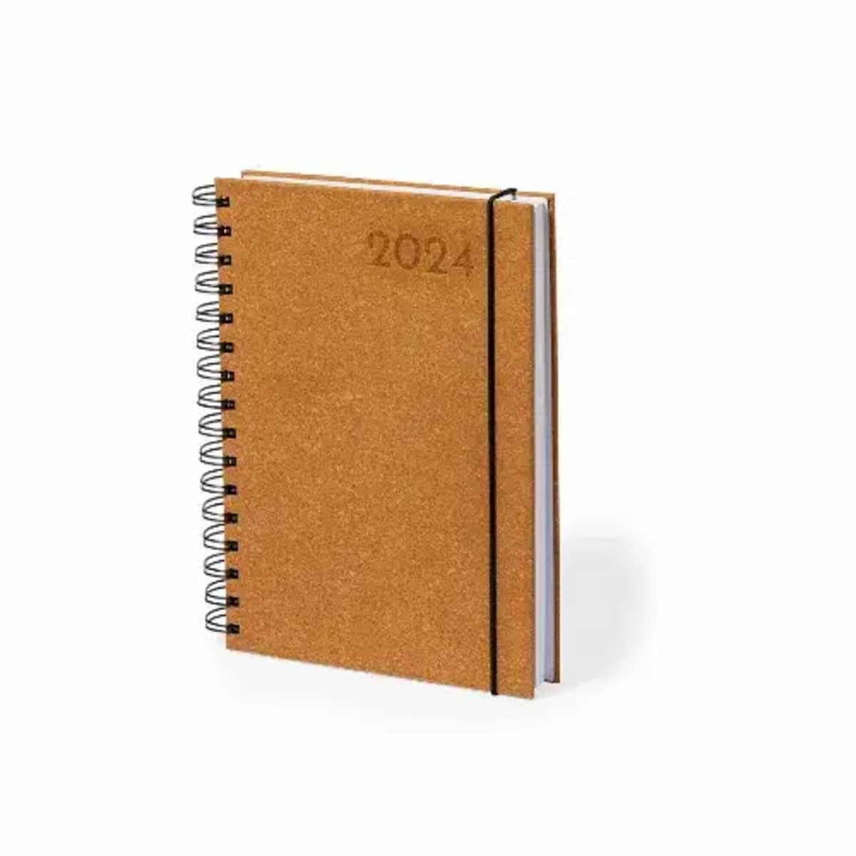 A spiral-bound notebook with a cork cover, embossed with 2024 in the top right corner. The notebook is held closed by a black elastic band.