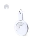 A white spiral caliper gauge with multiple circular measuring layers on a key ring.