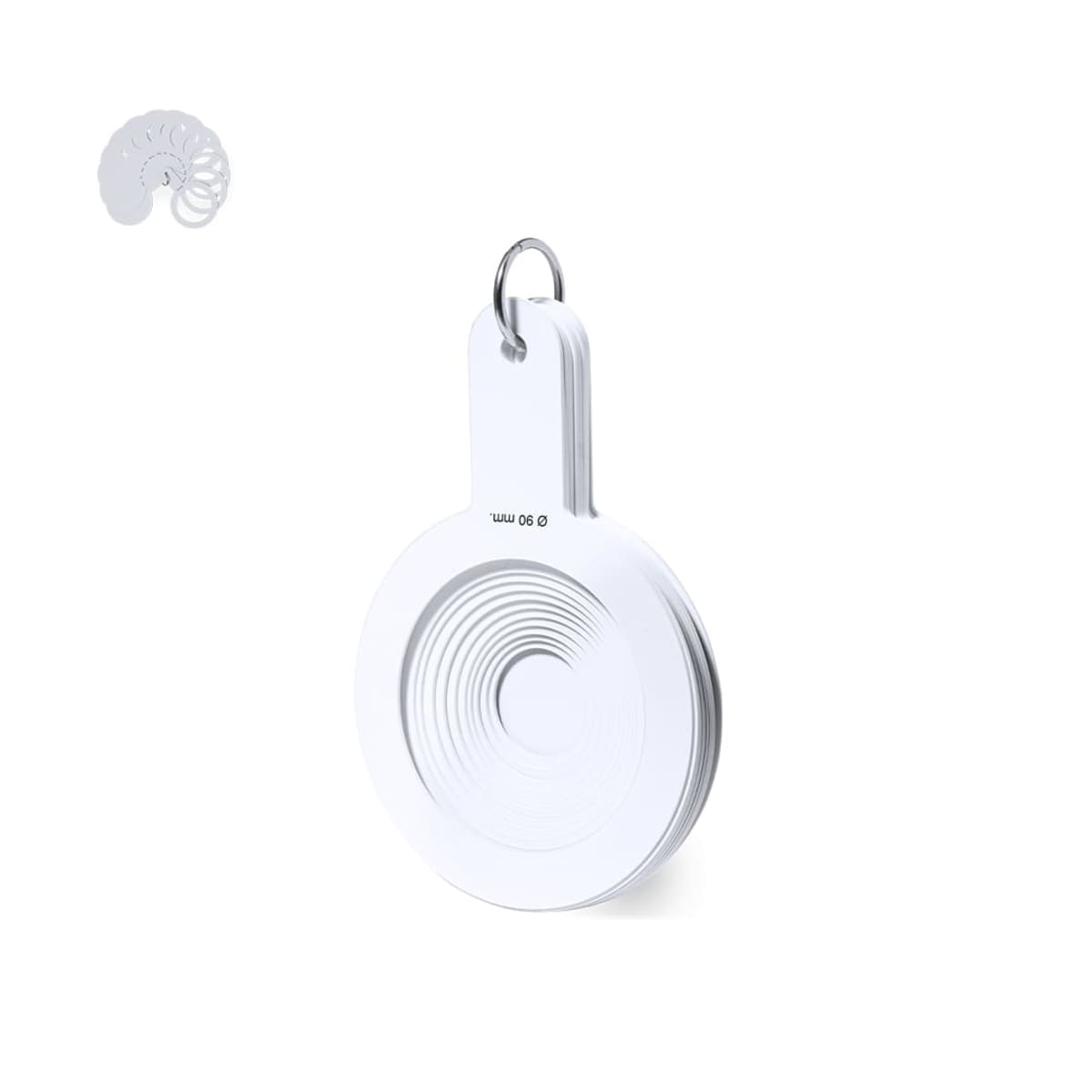 A white spiral caliper gauge with multiple circular measuring layers on a key ring.