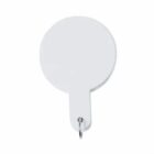 A round white handheld mirror with a handle and a metal ring at the end.