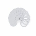 A set of metal shim washers fanned out on a ring against a white background.