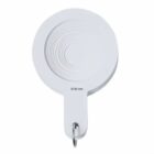 White circular plastic fan with concentric rings and a metal key ring at the handle.