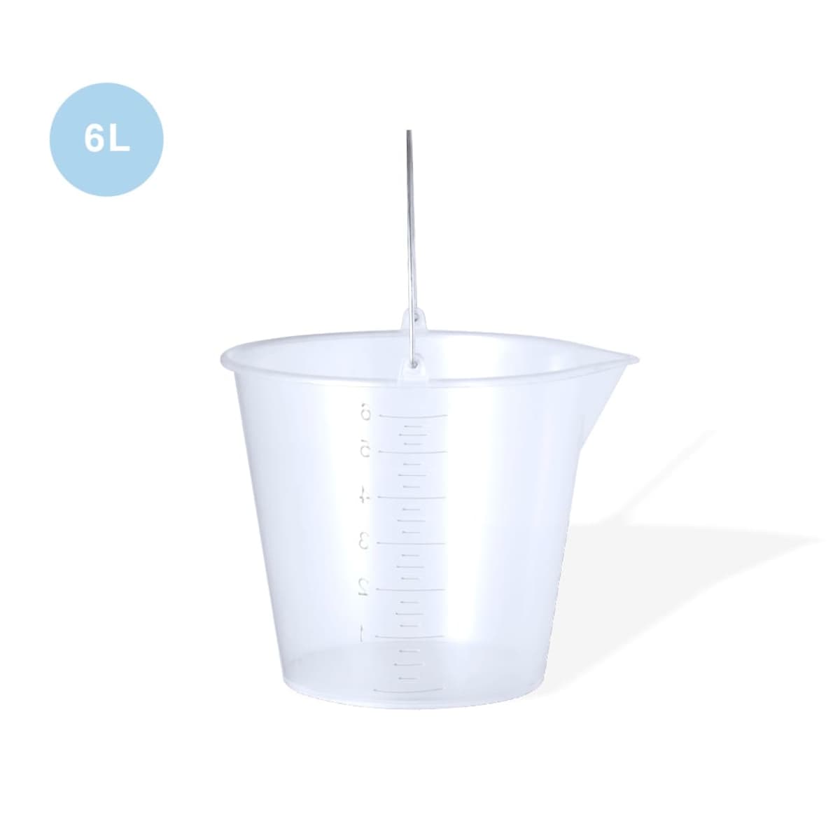 Transparent plastic measuring jug, 6L capacity, with measurement markings and spout.