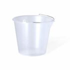 Clear plastic bucket with a metal handle on a white background.
