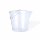 Transparent plastic bucket with a metal handle on a white background.