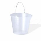 Clear plastic bucket with a metal handle on a white background.