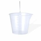 Clear plastic measuring cup with volume markings and a pouring spout, on a white background.