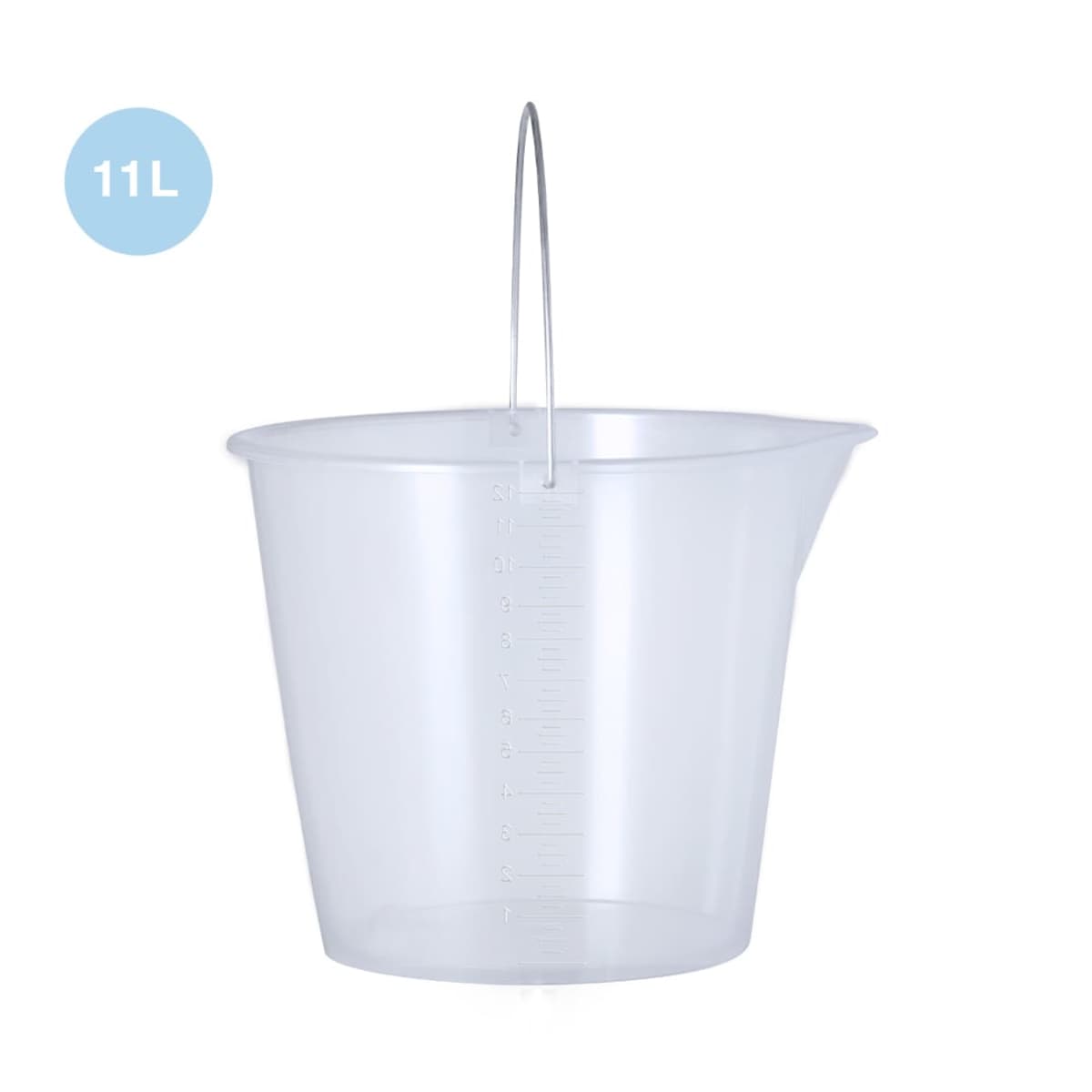 Clear plastic bucket with handle, 11-liter capacity, and measurement markings on the side.