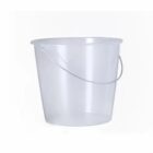 Clear plastic bucket with a handle on a plain white background.