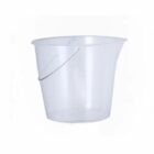 Transparent plastic bucket with a metal handle and spout, shown on a white background.