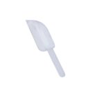 Clear plastic scoop with a long handle on a white background.