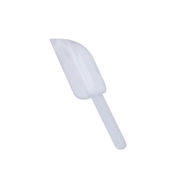 Clear plastic scoop with a long handle, shown on a plain white background.