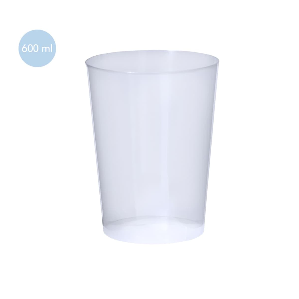 Transparent plastic cup with a 600 ml label on a plain white background.