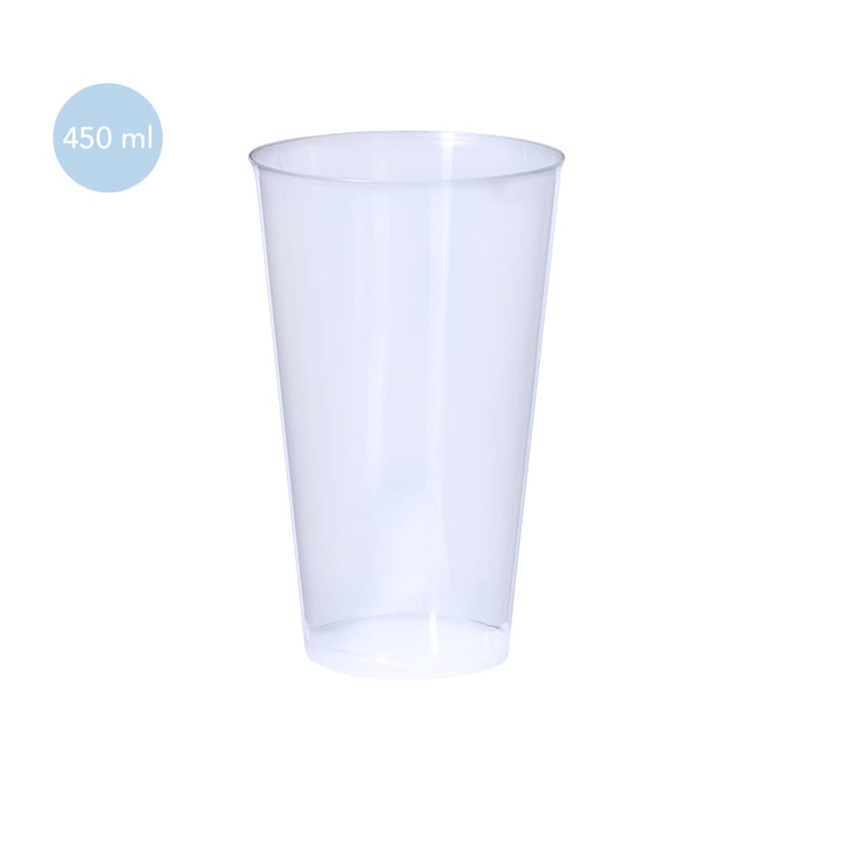 A clear, transparent plastic cup with a capacity label of 450 ml displayed in the top left corner. The cup is empty and set against a plain white background.