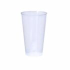 A transparent plastic cup is standing upright against a white background. The cup is simple in design, with a smooth surface and slightly tapered shape.