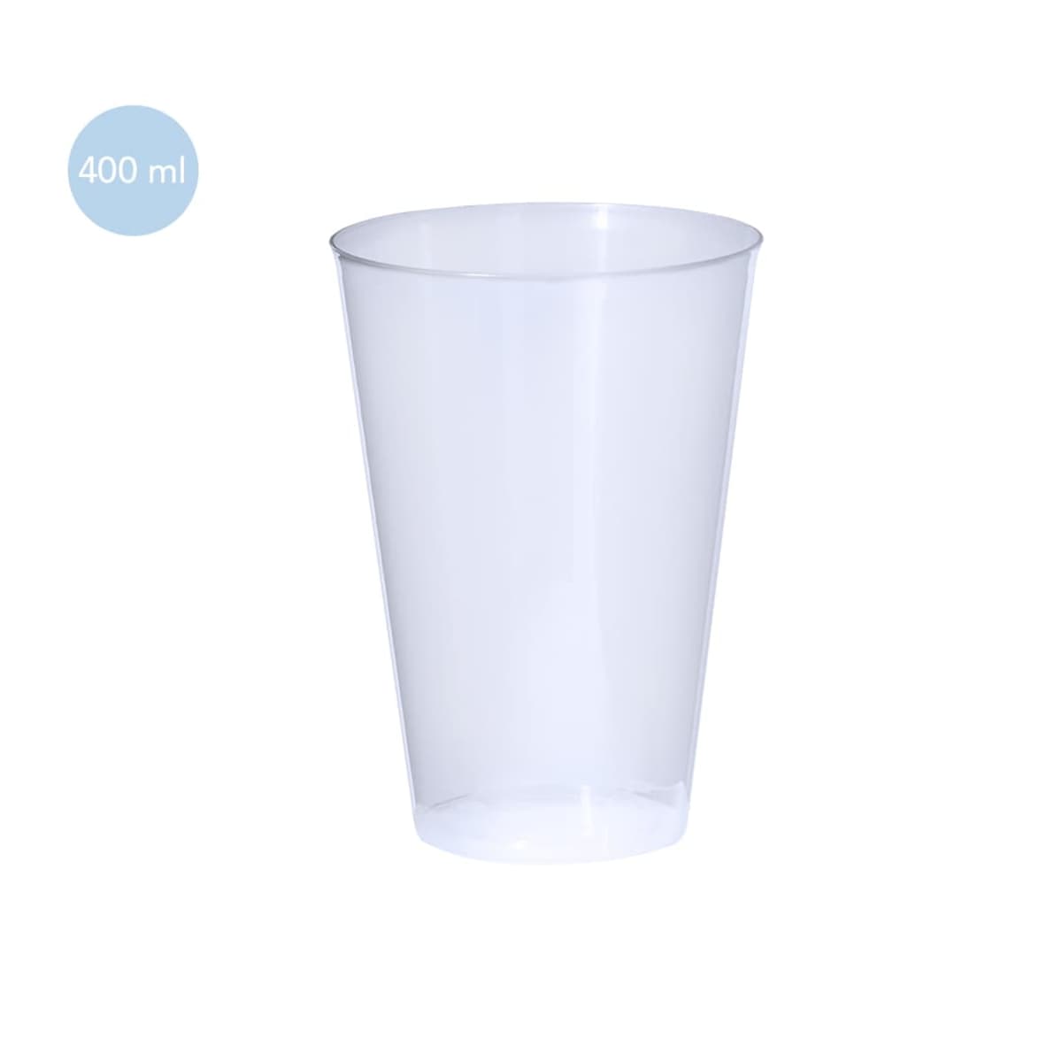 Clear plastic cup with a 400 ml label on a white background.
